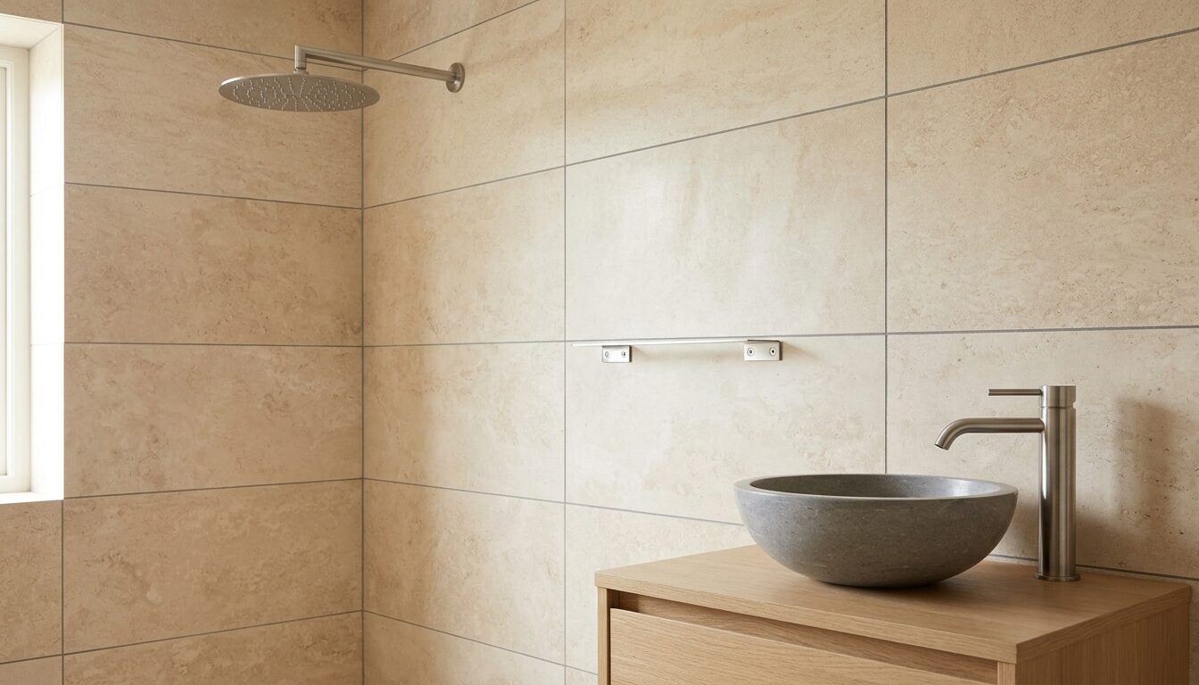 Warm daylight illuminates tiled bathroom with flat round shower head, slim towel rail, stone basin, oak vanity, and brushed metal mixer.