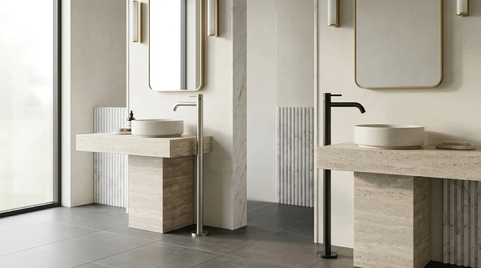 Two floor-standing stainless steel basin mixer taps beside stone vessel basins, one in brushed steel and one in black PVD finish