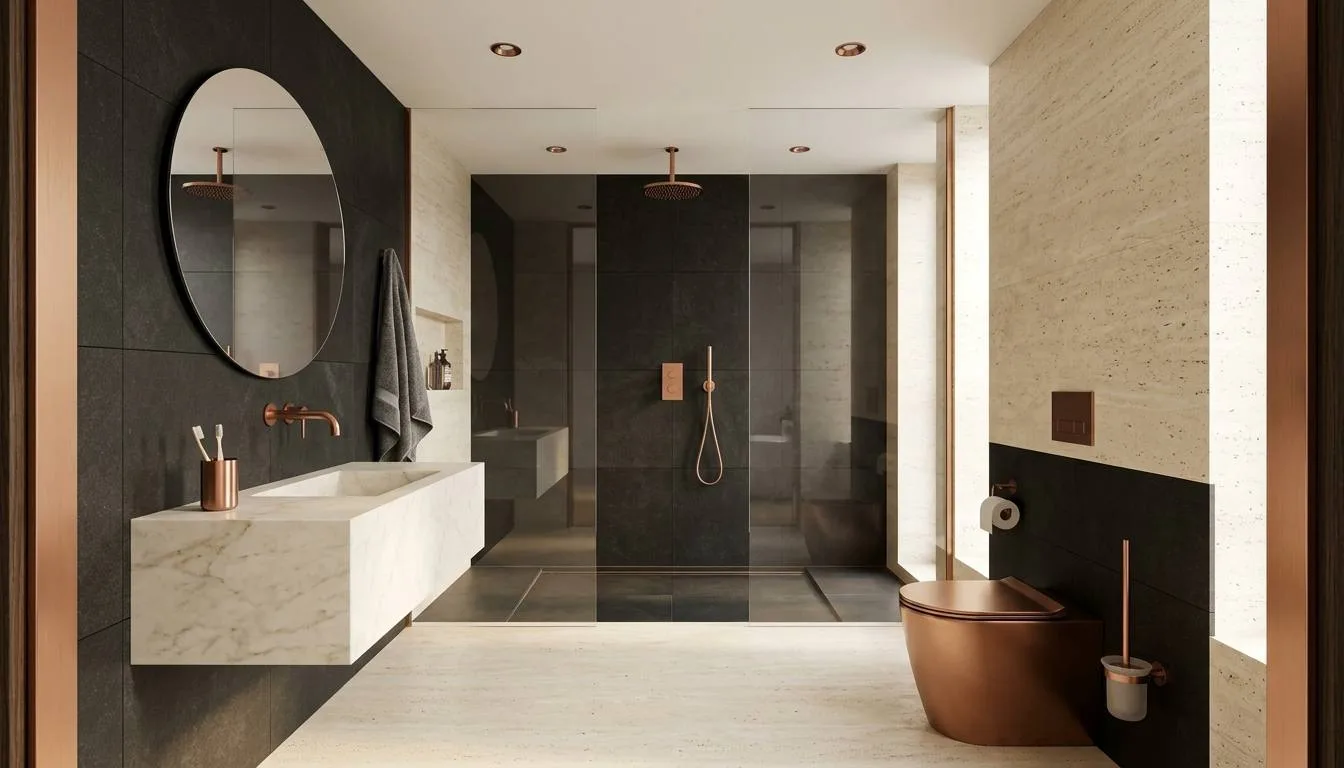 Accessible hotel bathroom with coordinated stainless accessories