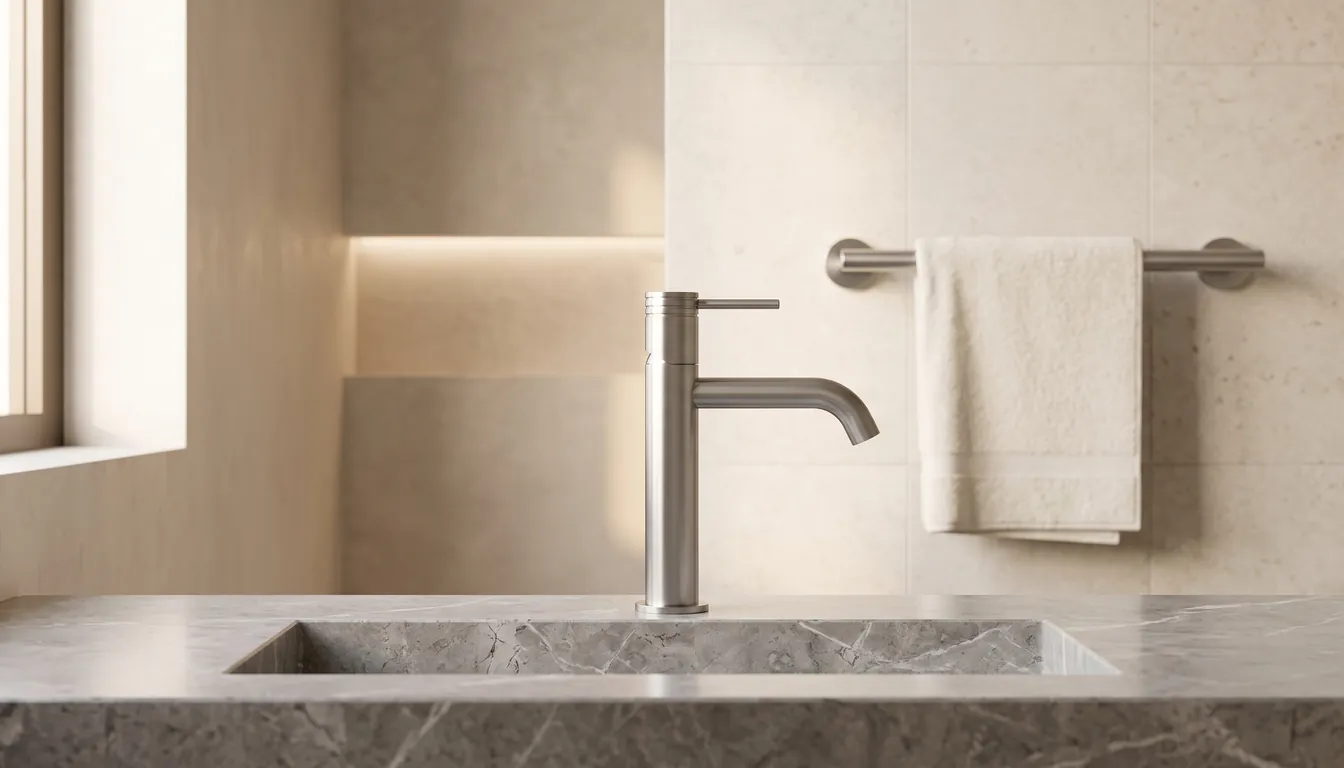 Satin brushed steel basin mixer over a grey stone basin, with a matching two-standoff towel rail and white towel on a tiled wall