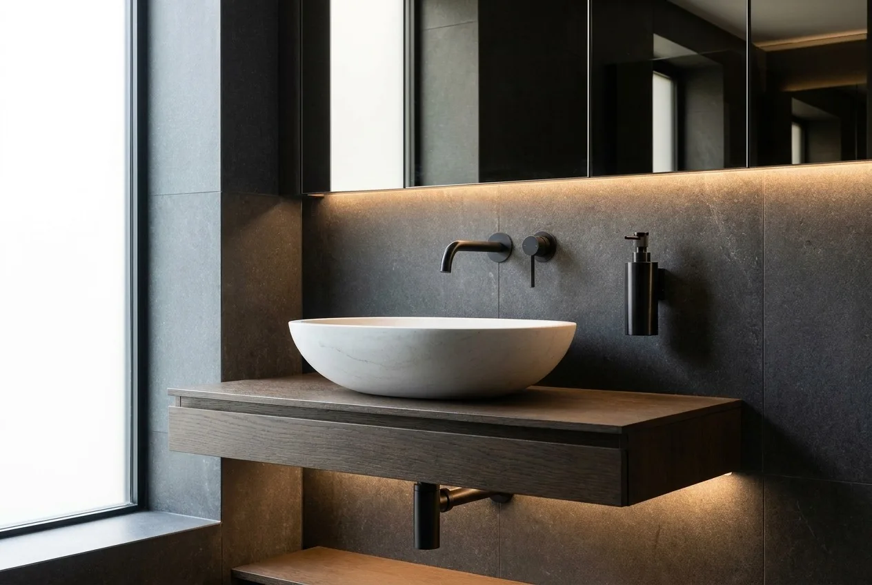 Black PVD stainless steel soap dispenser and robe hook beside a bathroom shower zone