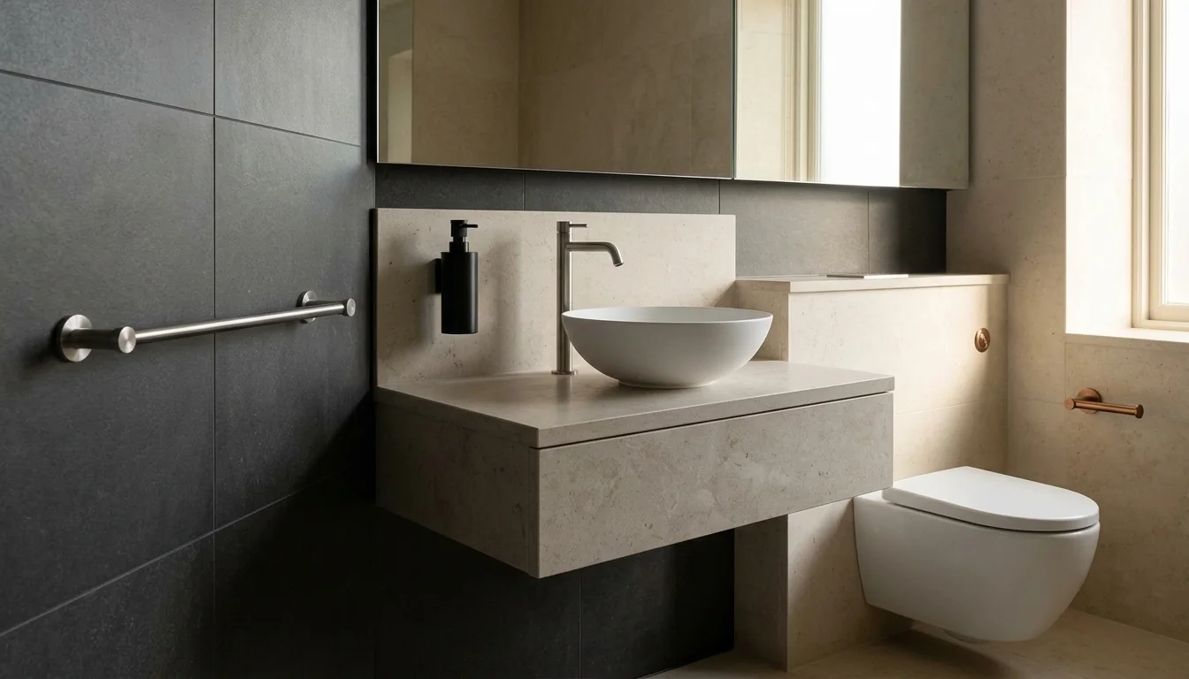 Stone bathroom with a brushed stainless steel towel rail and basin mixer, a matte black PVD soap dispenser, a copper PVD toilet roll holder and a matching copper flush plate
