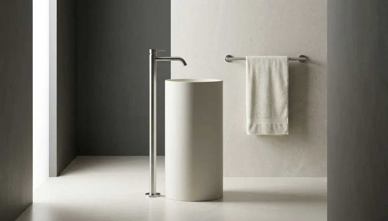 Tall brushed steel floor-standing basin mixer beside an ivory cylindrical basin, with a folded towel on a steel rail against a pale stone wall.