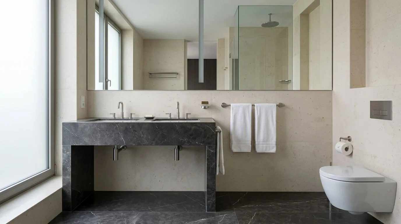 Hotel washroom accessories arranged for a cleaning handover
