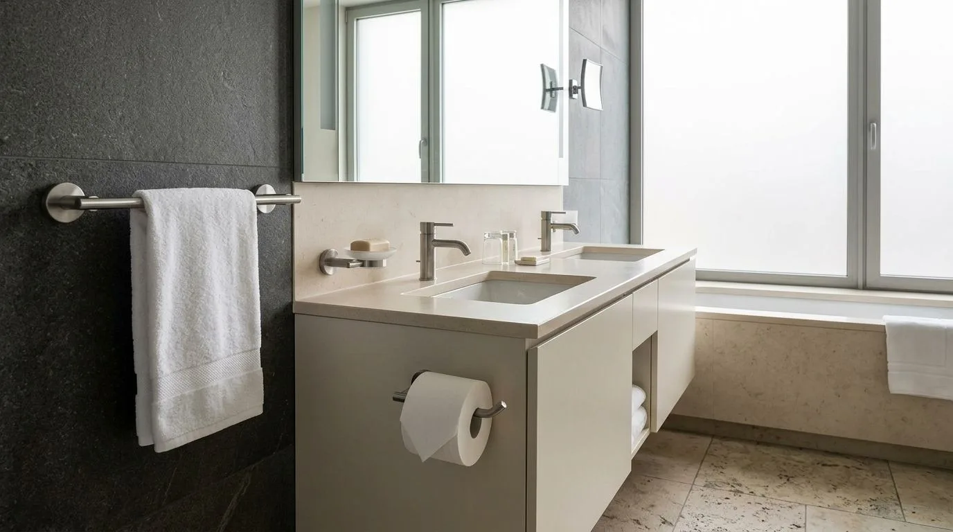 Cleaning chemicals and stainless steel bathroom accessories