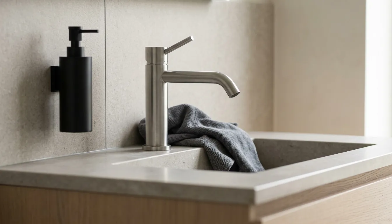 Contemporary stone-tiled bathroom vanity with a cool silver-grey, directionally brushed stainless steel basin tap and a dark-grey microfibre cloth draped against it.