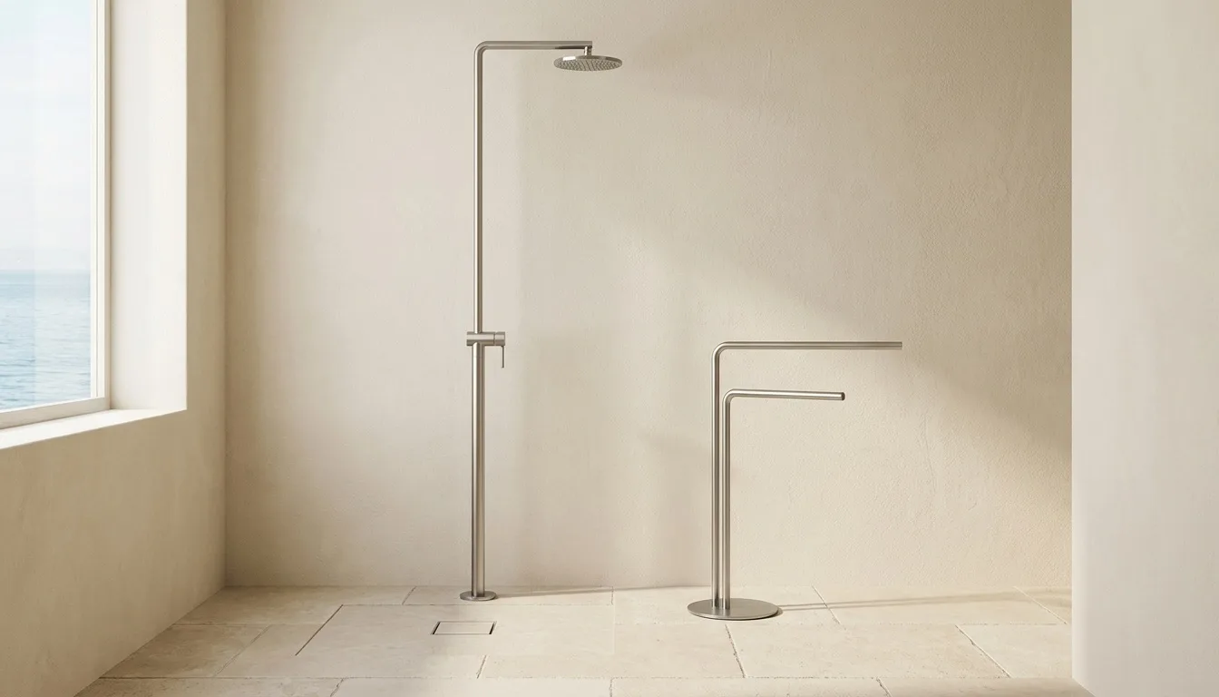 Sunlit coastal wet room with a freestanding steel shower column, round overhead head, two-rail towel stand, stone floor, drain and sea-view window.