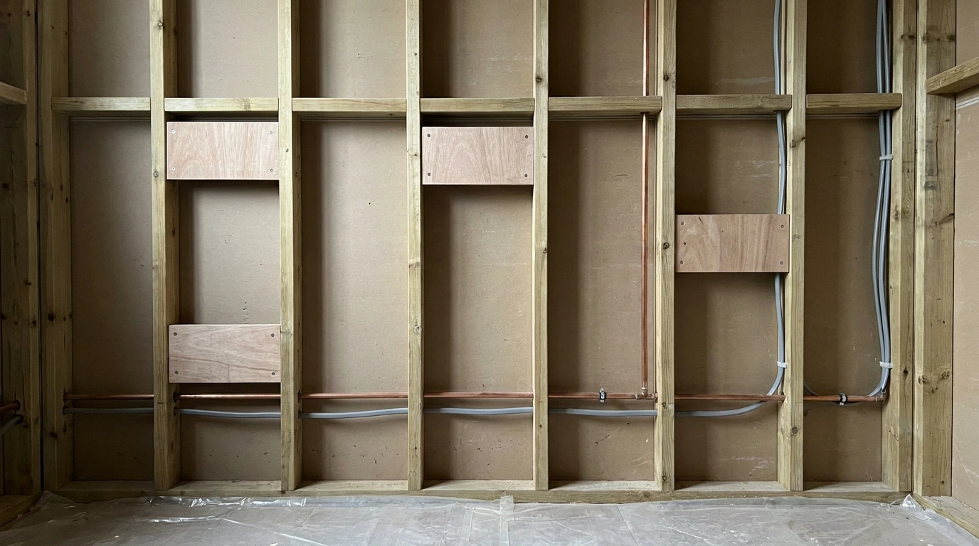 Plywood backing panel fixed between timber studs in a bathroom wall