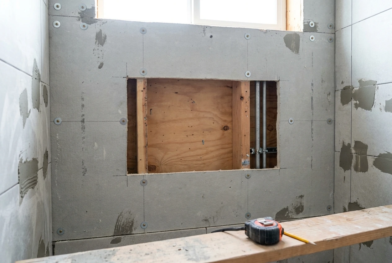 Finished tiled bathroom wall with an inspection opening showing plywood backing