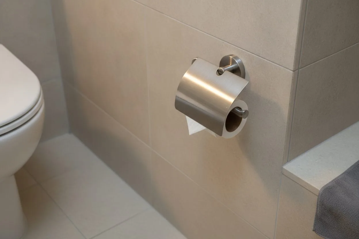Wall-mounted stainless steel toilet-roll holder with clear floor access beside a toilet