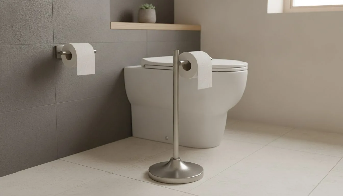 Freestanding and wall-mounted stainless steel toilet-roll holders beside a toilet