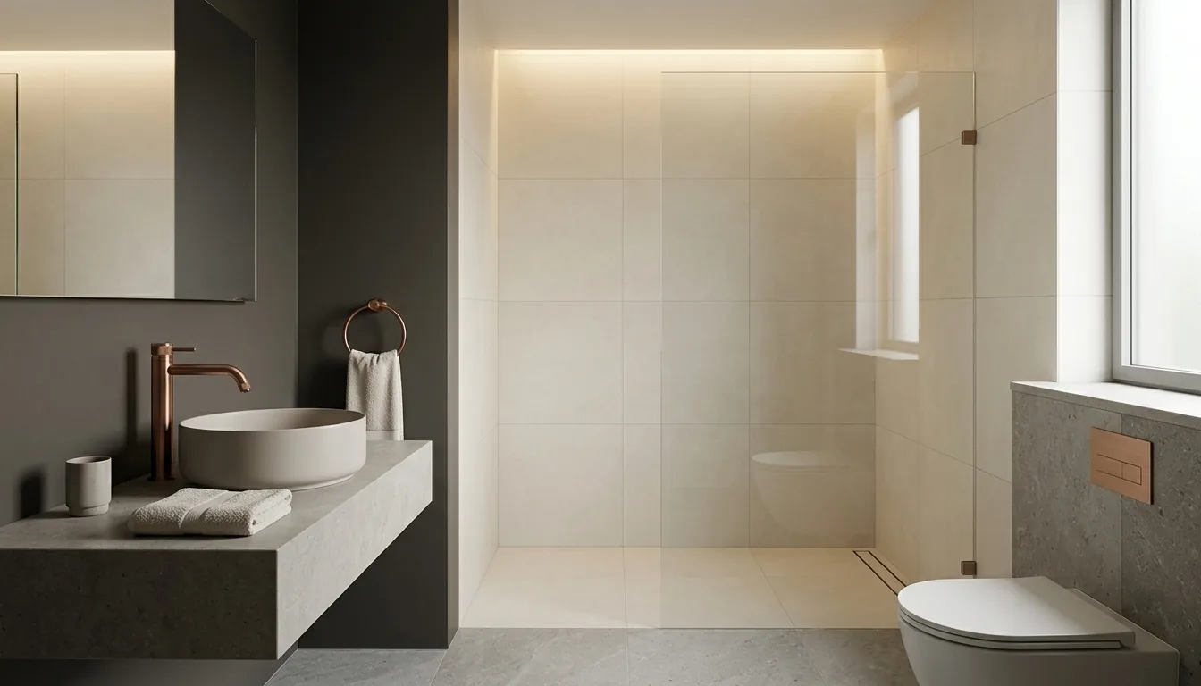 Ivory-tiled hotel washroom in warm window light, with a copper-finish deck mixer behind the vessel basin and matching ring towel rail on the wall pier.