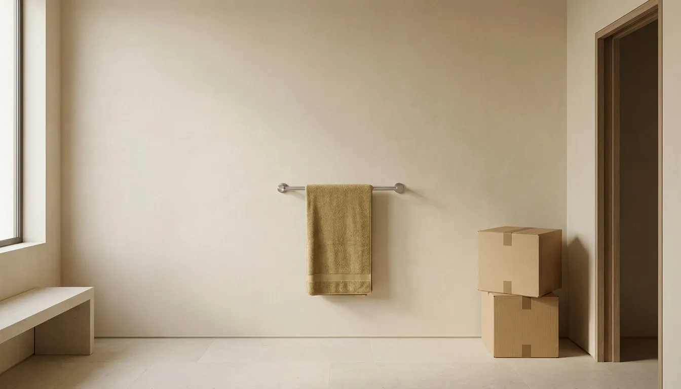 Brushed stainless steel towel rail with a muted gold towel on an ivory plaster wall beside two sealed plain cardboard cartons.