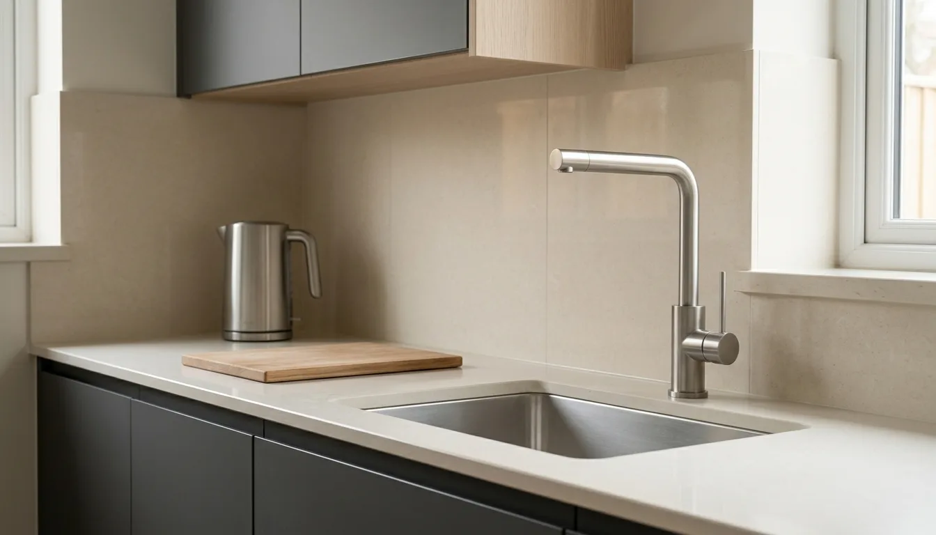 Brushed stainless steel single-lever kitchen mixer with a high L-shaped spout, deck-mounted behind an undermount stainless steel sink amid pale worktops, beige splashback and dark cabinetry.