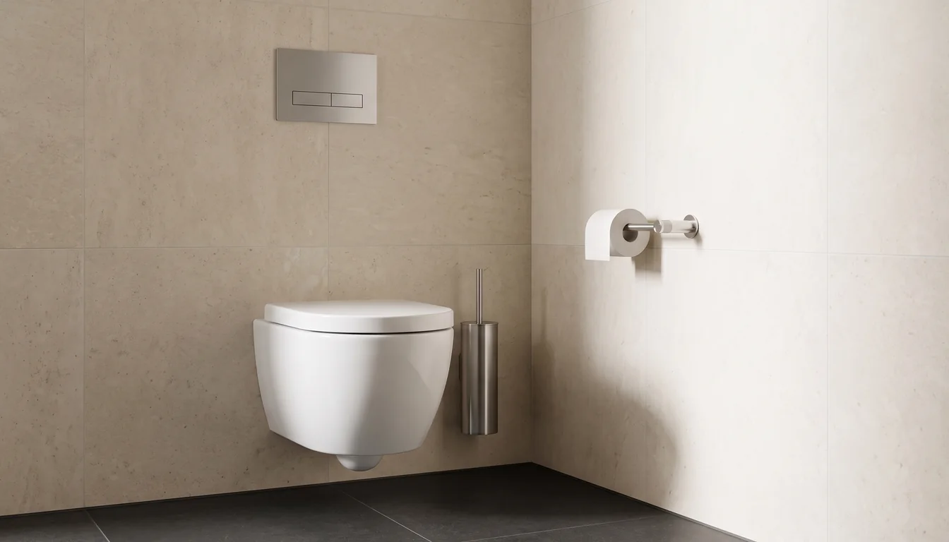 High-traffic office washroom with coordinated stainless accessories