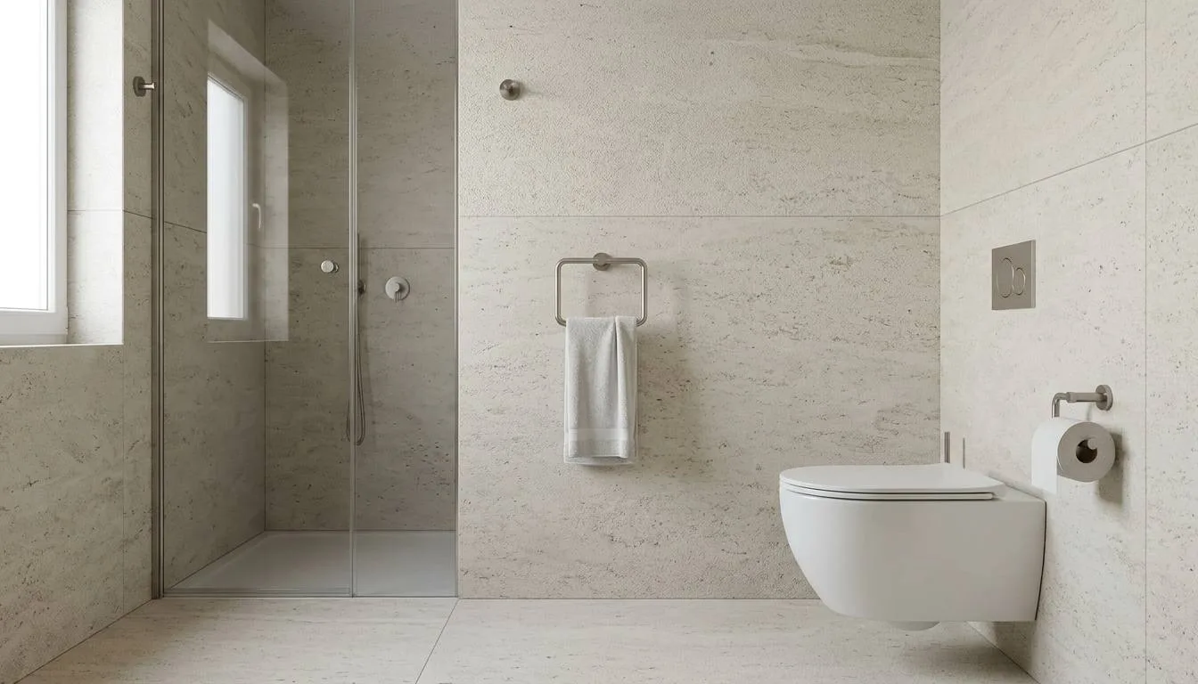 Stainless accessories specified in a coastal hotel bathroom