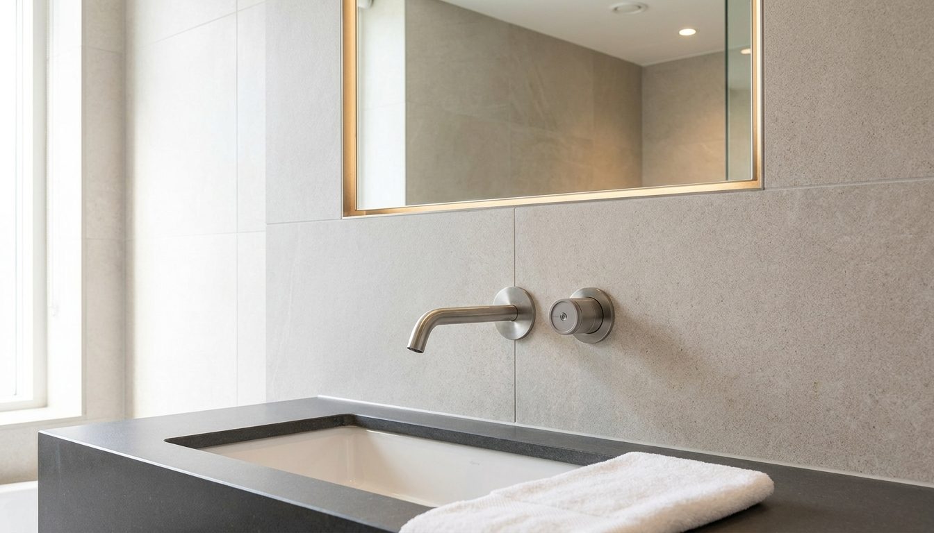 Premium hotel washroom with pale tiled walls, a dark stone worktop, an integrated basin and a folded white towel. A brushed stainless steel wall-mounted basin set pairs a slim horizontal spout with a separate round control on the wall.