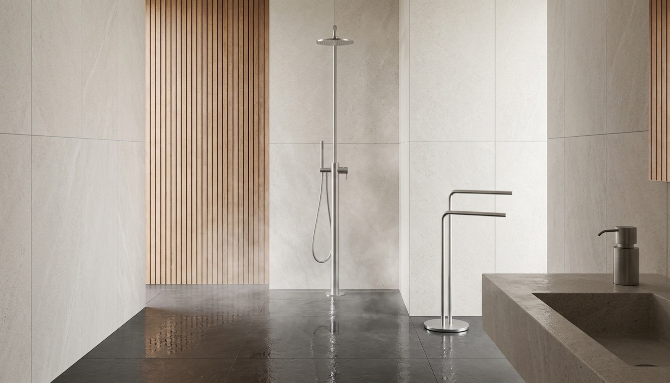 Spa wet room with wet dark stone flooring, tiled walls, timber slats, brushed steel rain shower, two-level towel stand and metal basin soap dispenser.