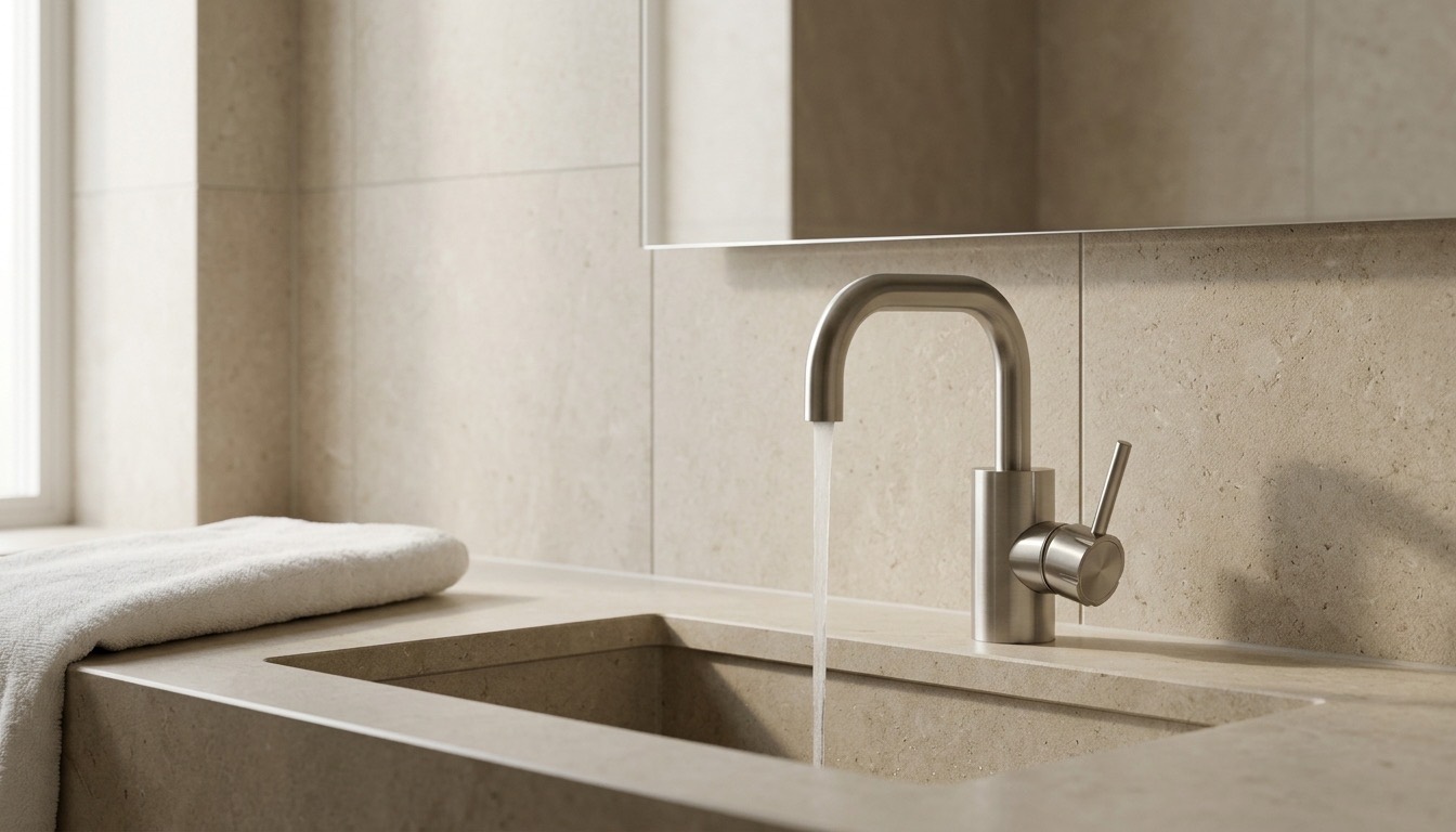 Brushed-steel gooseneck basin mixer running into a rectangular stone basin beside a folded white towel in a limestone-tiled hotel bathroom.