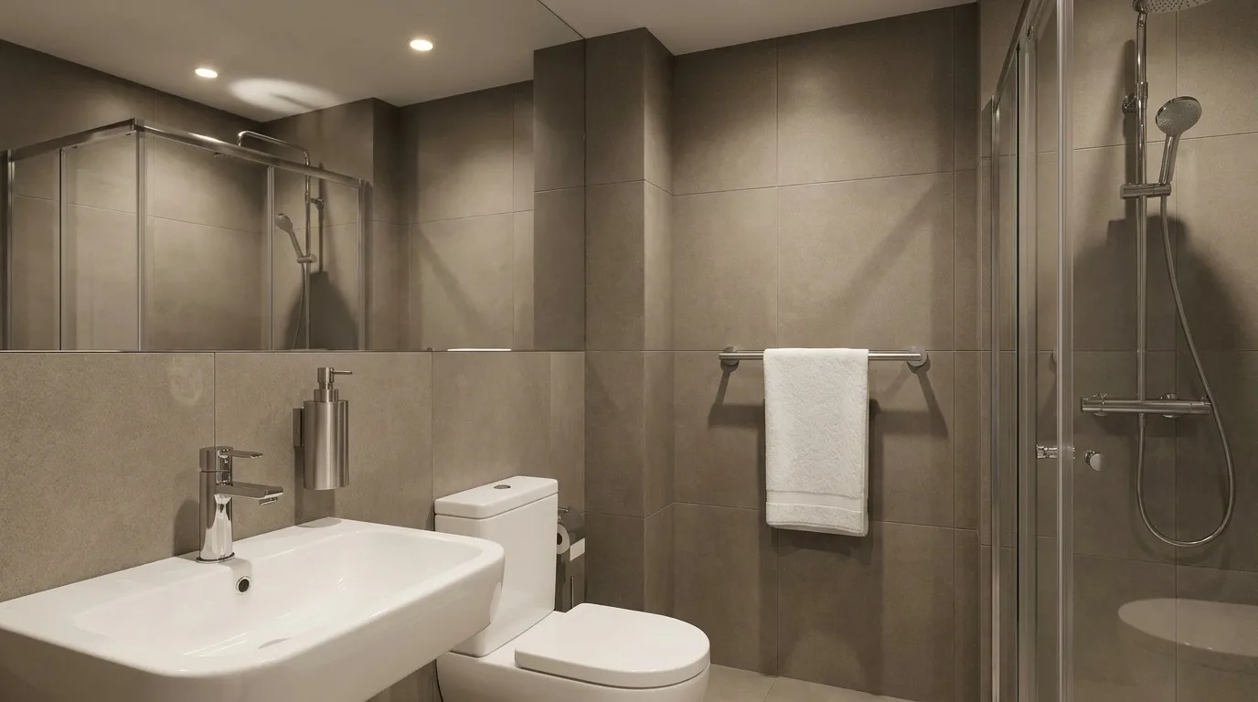 Hotel guest bathroom with wall-mounted stainless steel washroom accessories beside the basin, shower and toilet