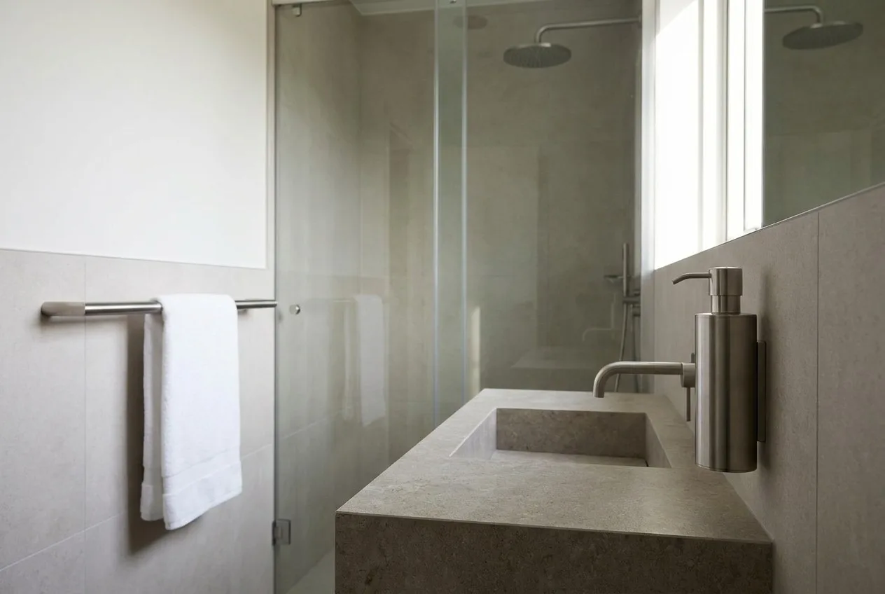 Hotel washroom wall with a wall-mounted soap dispenser and stainless steel towel rail beside a basin and shower