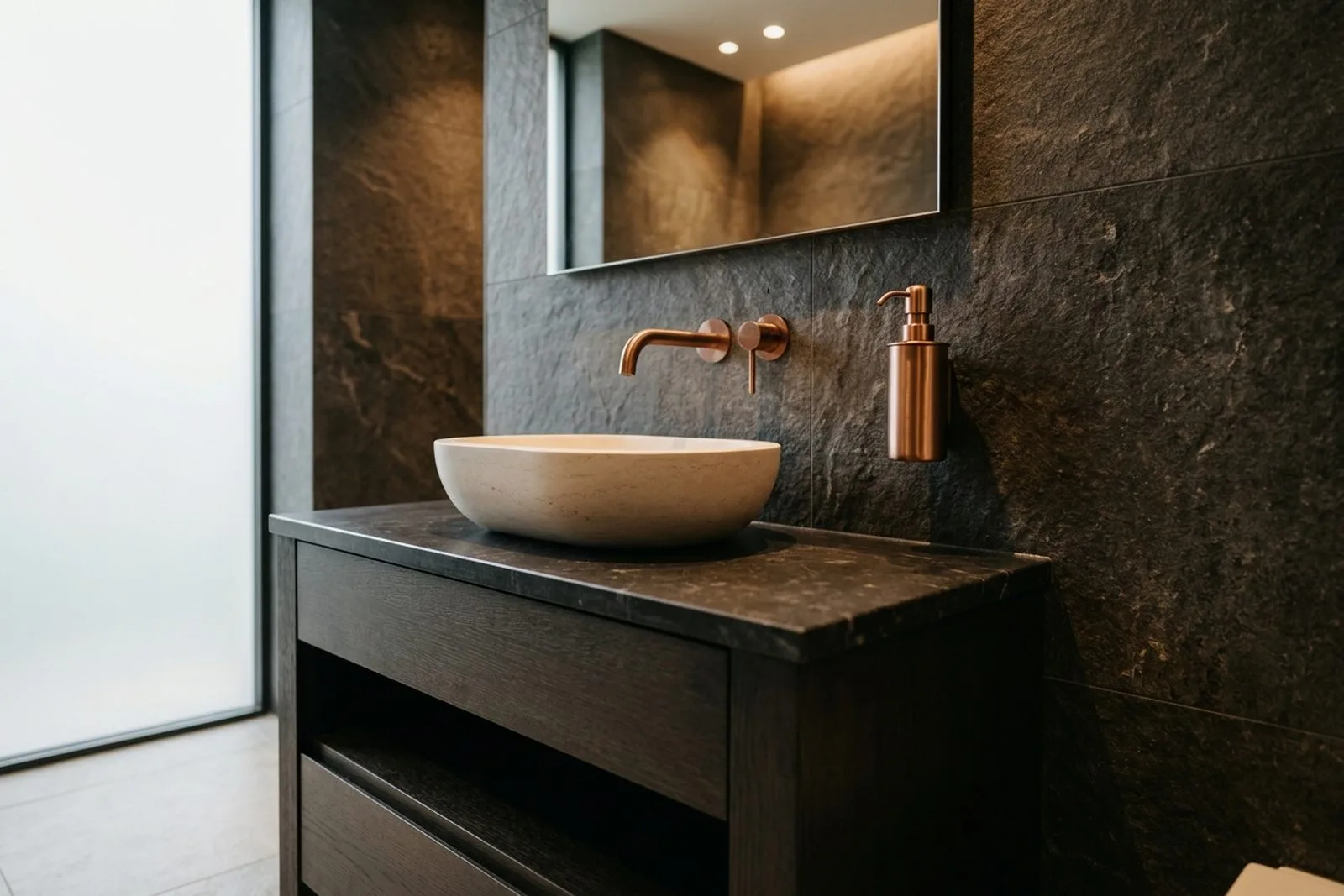 Wall-mounted brushed copper soap dispenser beside a stone basin