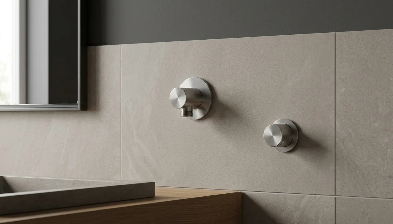 Brushed steel water inlet and plain round stop valve fitted to a warm grey tiled bathroom wall above a timber vanity