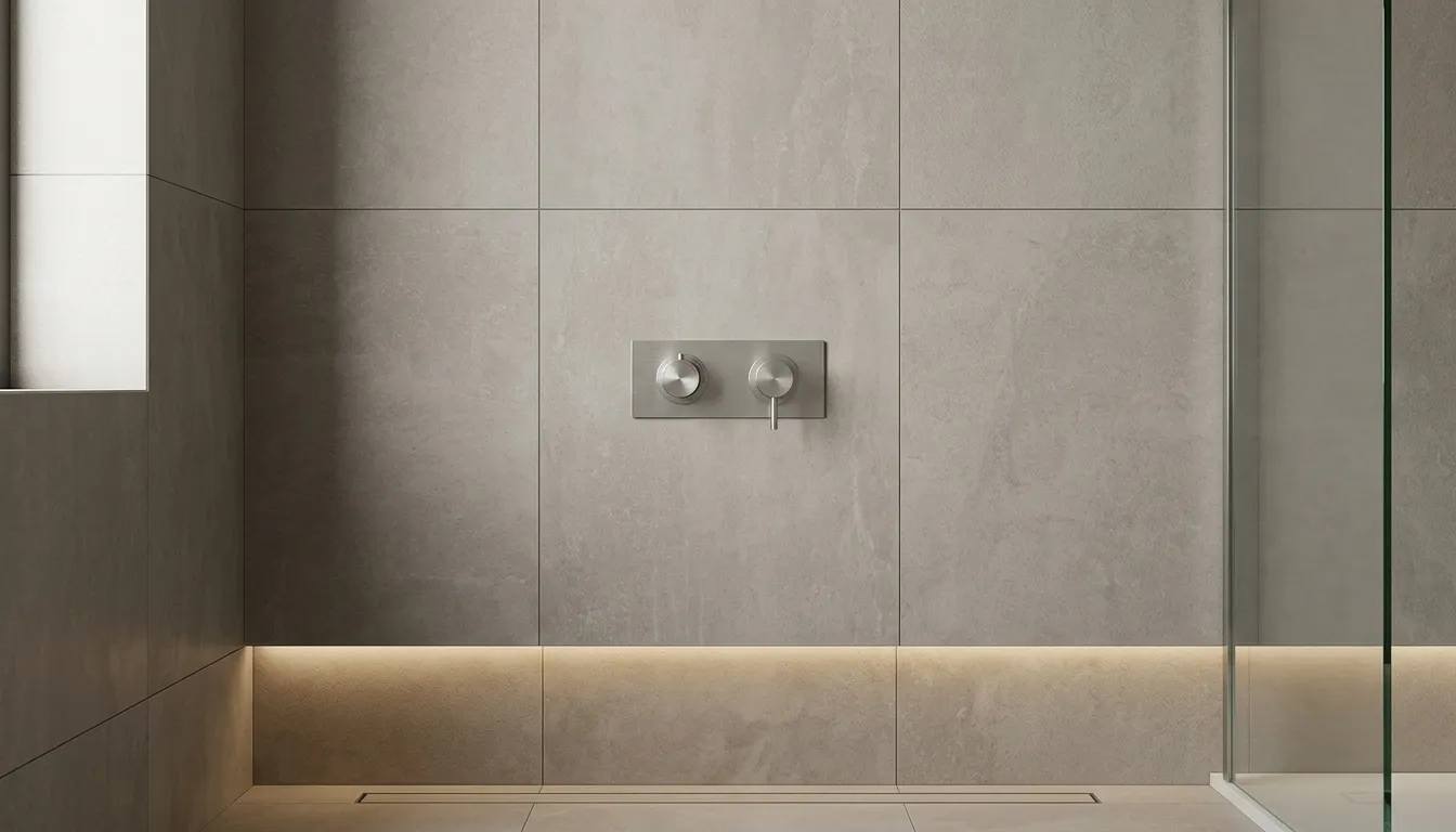 Brushed stainless shower control with two round dials and a slim flow lever on warm grey tile, above a linear drain beside a glass screen.