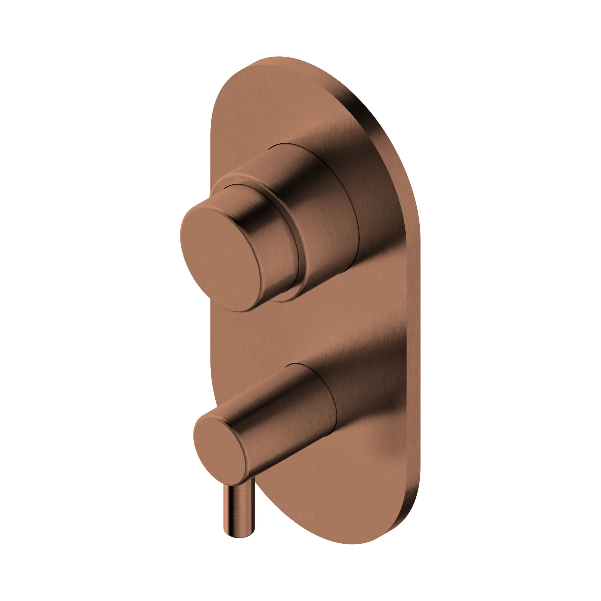 Concealed self-closing shower mixer trim and push button in a copper PVD finish
