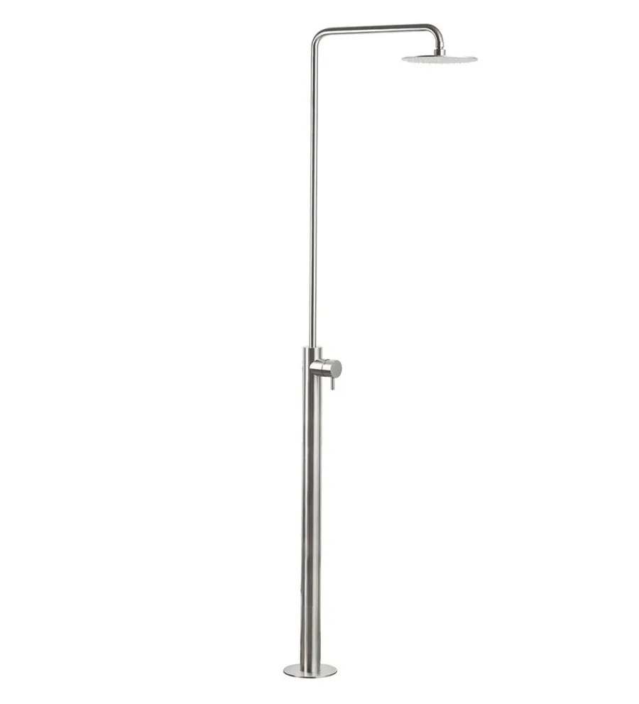 Freestanding shower column in AISI 316L stainless steel carrying a wall mixer and a 200 mm overhead head