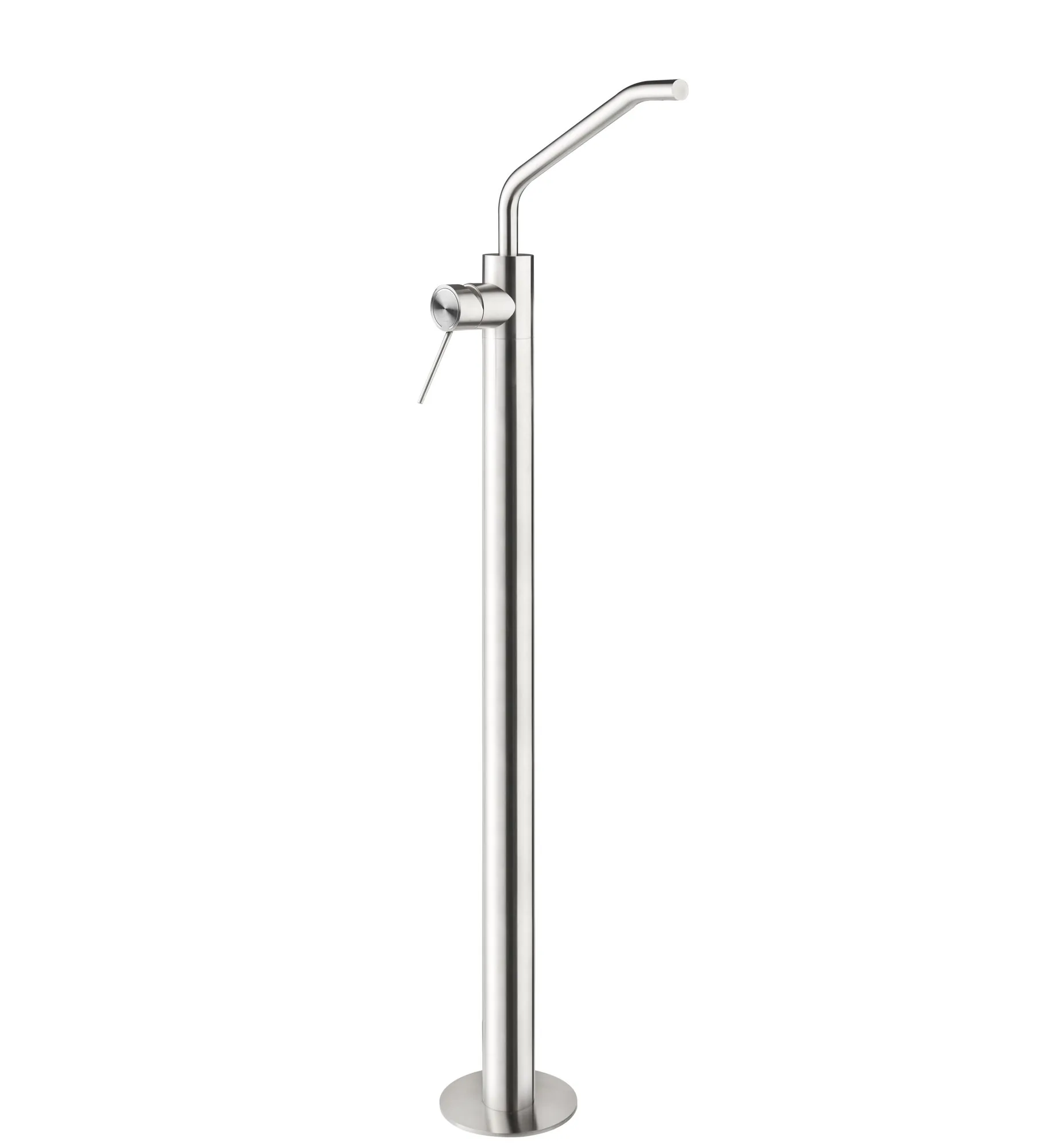 Full-height floor-standing basin mixer column in brushed stainless steel, supplying a vessel basin