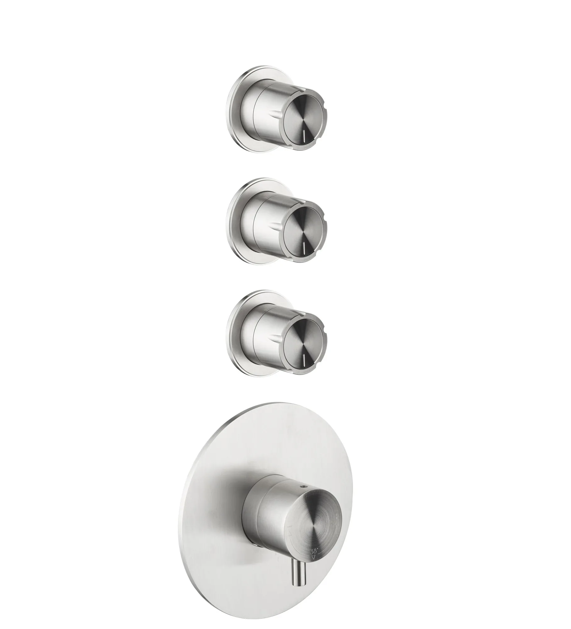 Concealed thermostatic set with three shut-off valves in brushed AISI 316L stainless steel