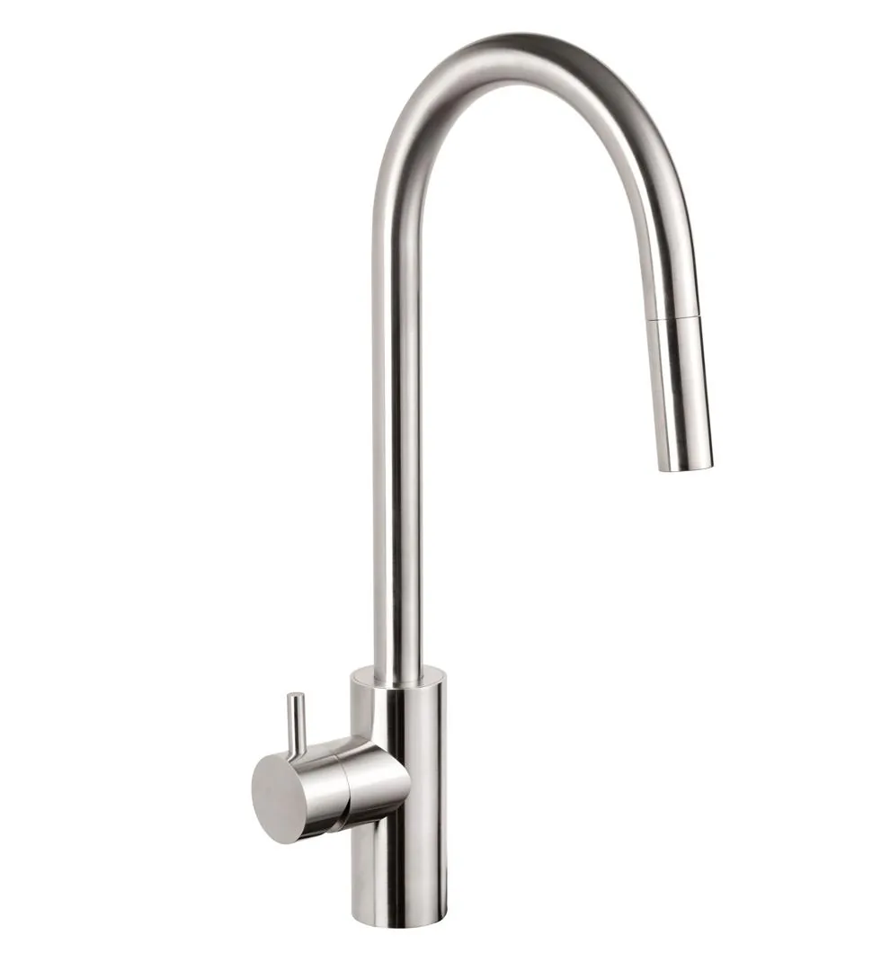 Single lever kitchen sink mixer with a pull out swivelling spout in brushed AISI 316L stainless steel