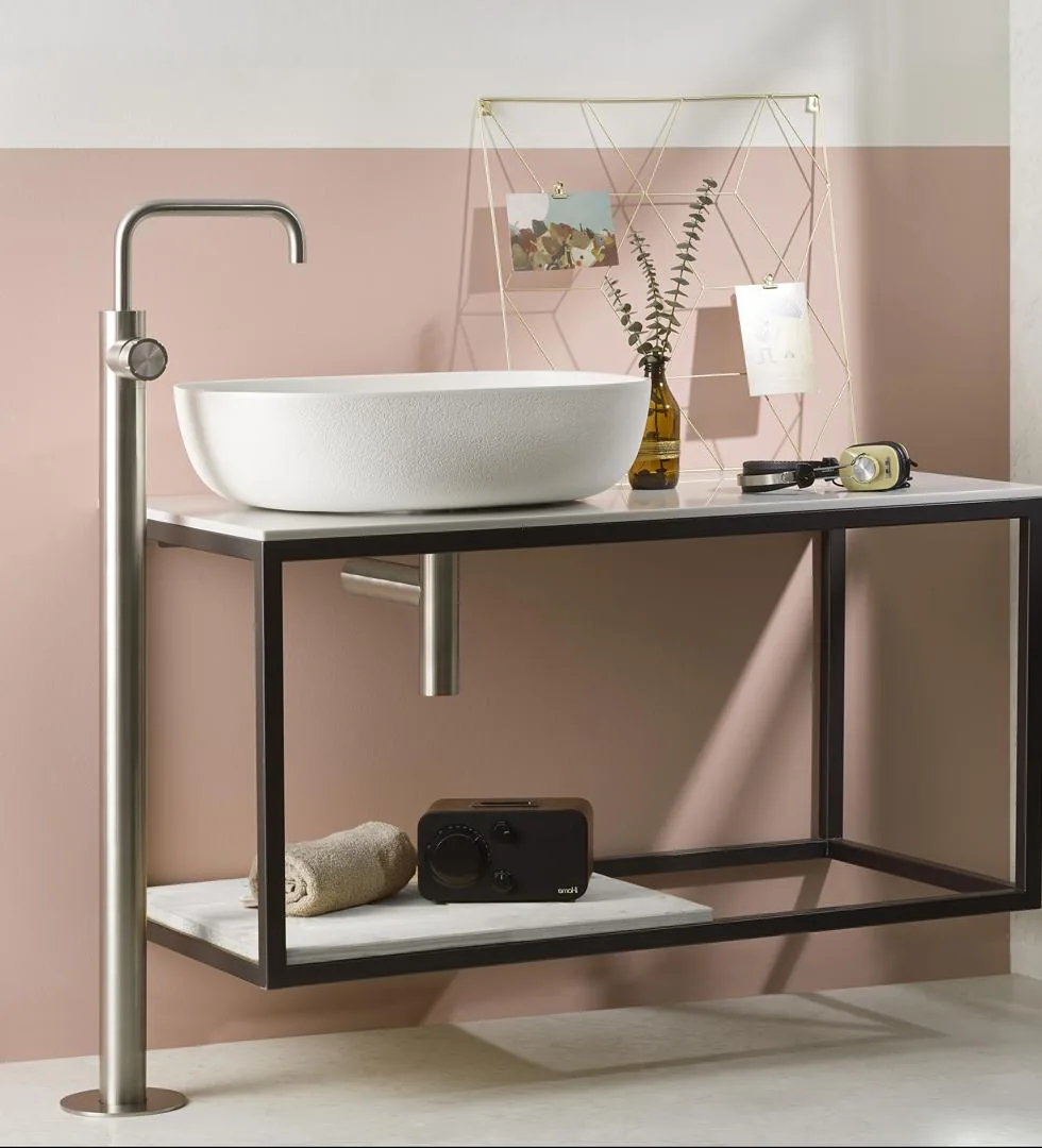 Floor standing brushed stainless steel basin mixer column with a single lever