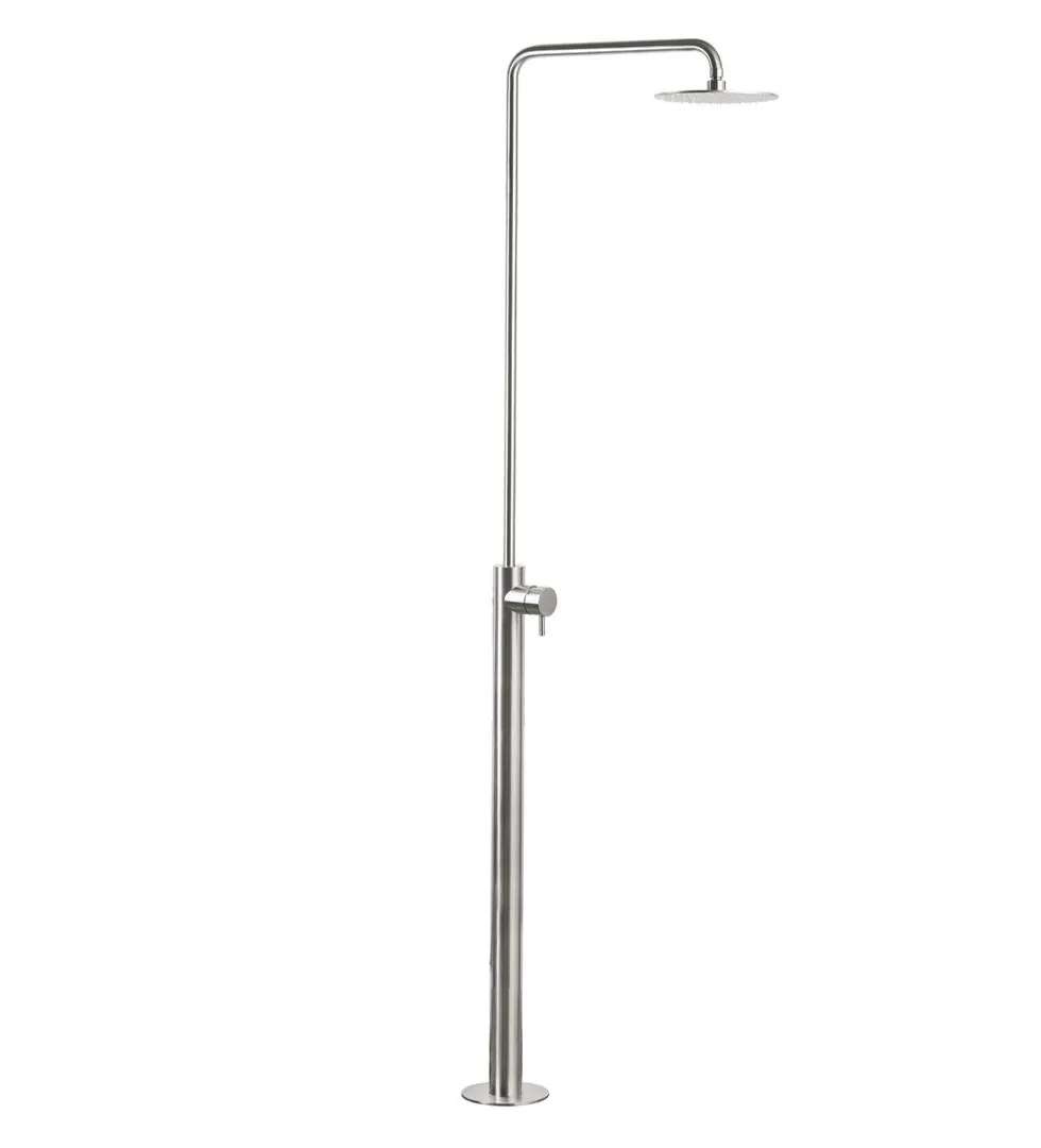 Floor standing stainless steel shower column carrying its own mixer and a 200 mm overhead head