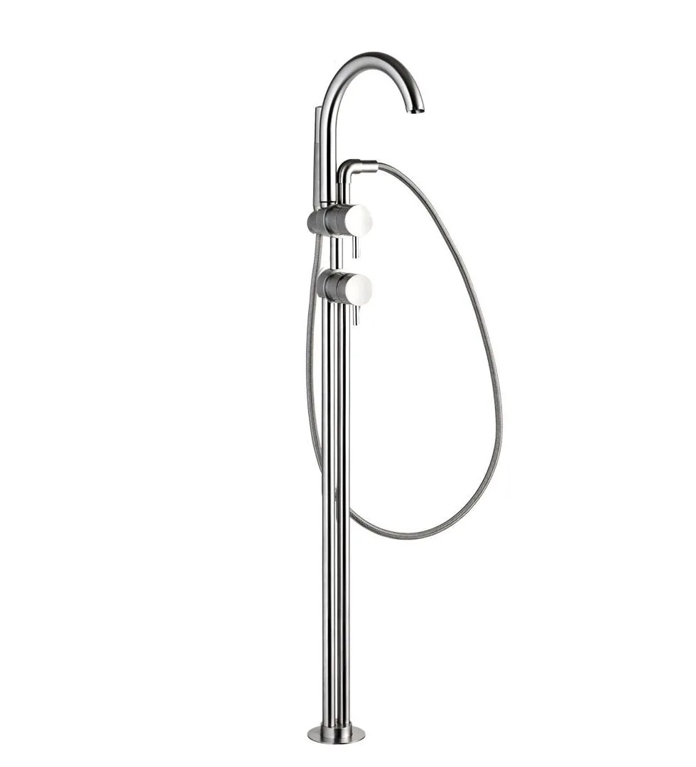 Floor standing brushed stainless steel bath mixer with a single lever and handshower on a holder