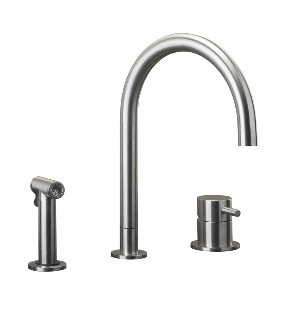 Kitchen set sink mixer with a swivelling spout and a pull-out handshower in brushed AISI 316L stainless steel