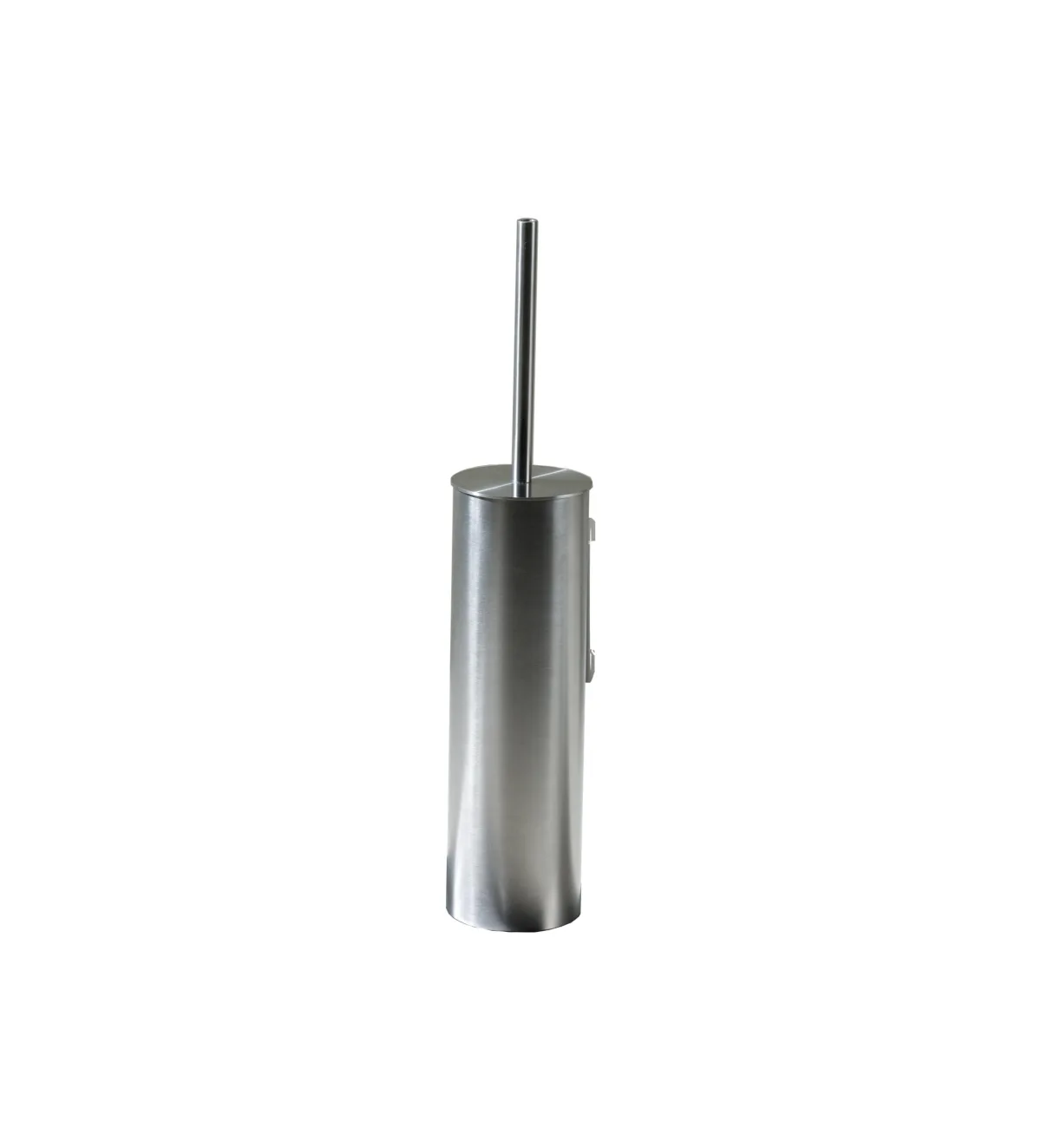 Cylindrical wall-mounted toilet brush holder in brushed stainless steel, shown with the brush fitted, on a white background
