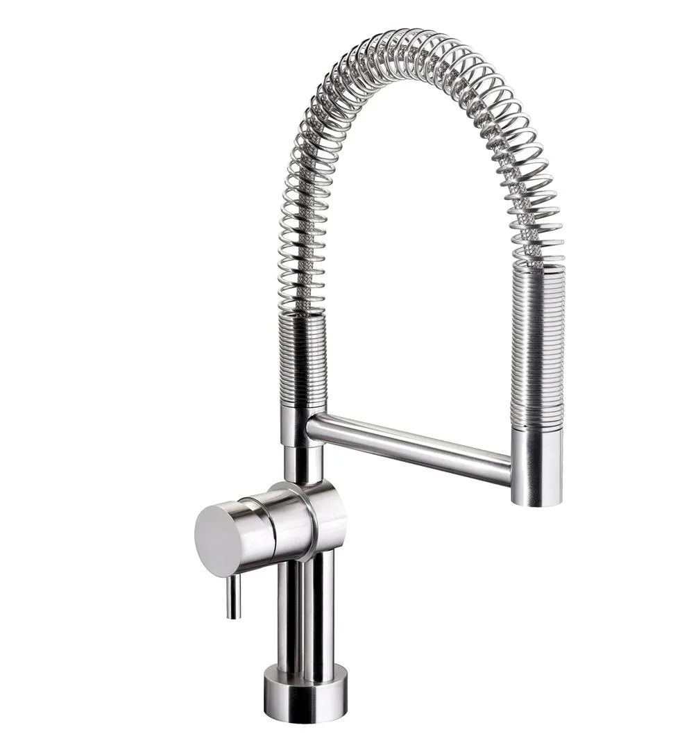 Single lever kitchen sink mixer with two jets and a 360 degree swivel spout in brushed AISI 316L stainless steel