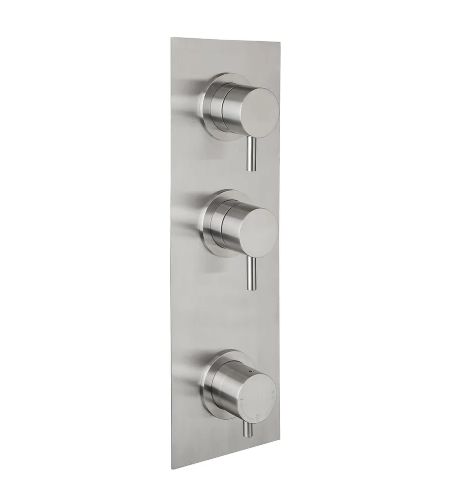 Wall thermostatic set with one mixer and two shut-off valves in brushed stainless steel